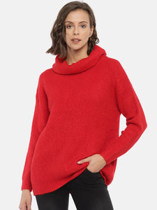 Women Red Solid Pullover Sweater