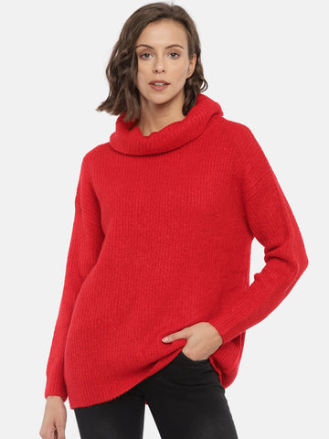 Women Red Solid Pullover Sweater