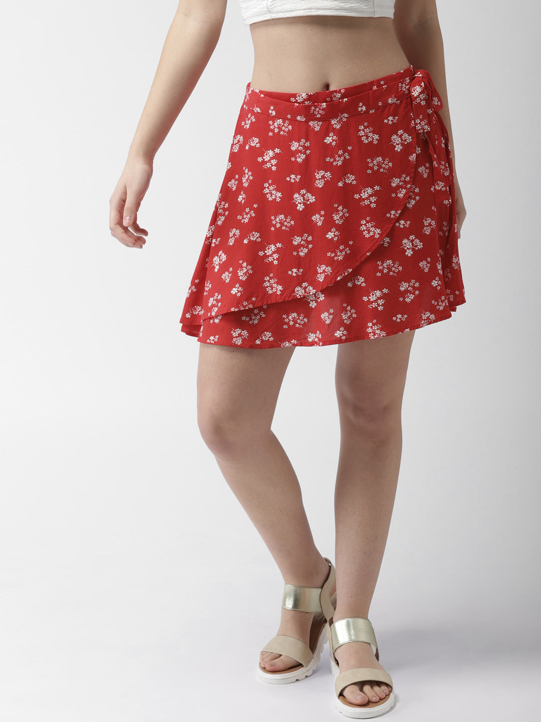 Women Red & White Floral Print Print Mini Wrap Skirt