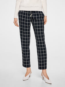Women Navy Blue Regular Fit Checked Trousers