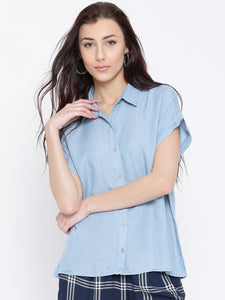 Women Blue Solid Casual Shirt