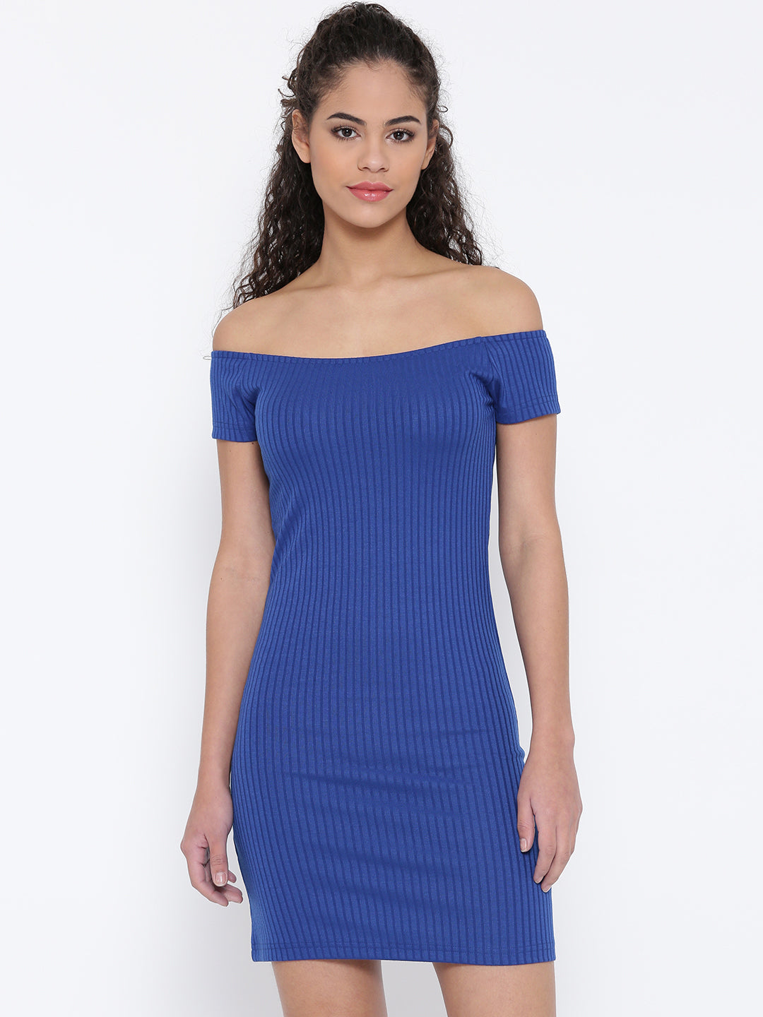 Women Blue Self-Striped Off-Shoulder Bodycon Dress