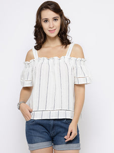 Women Off-White Cold-Shoulder Striped Top
