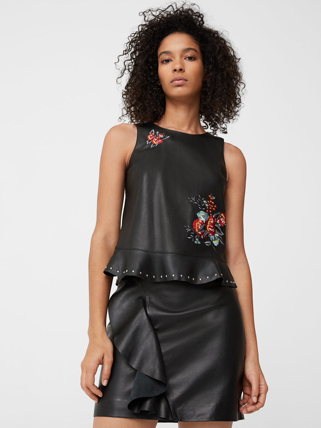 Women Black Embroidered Detail Faux Leather Peplum Top