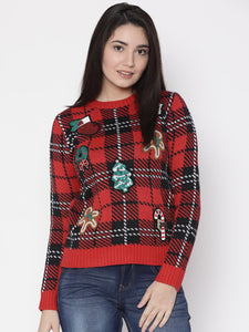 Women Red & Black Checked Pullover