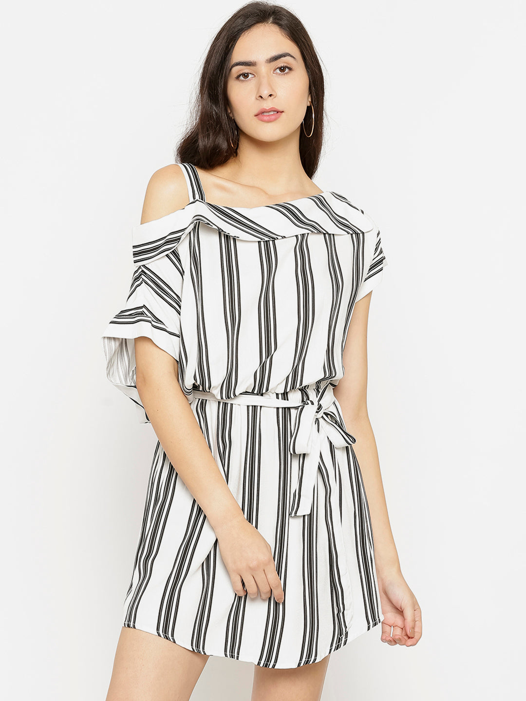 Women White Striped Drop-Waist Dress