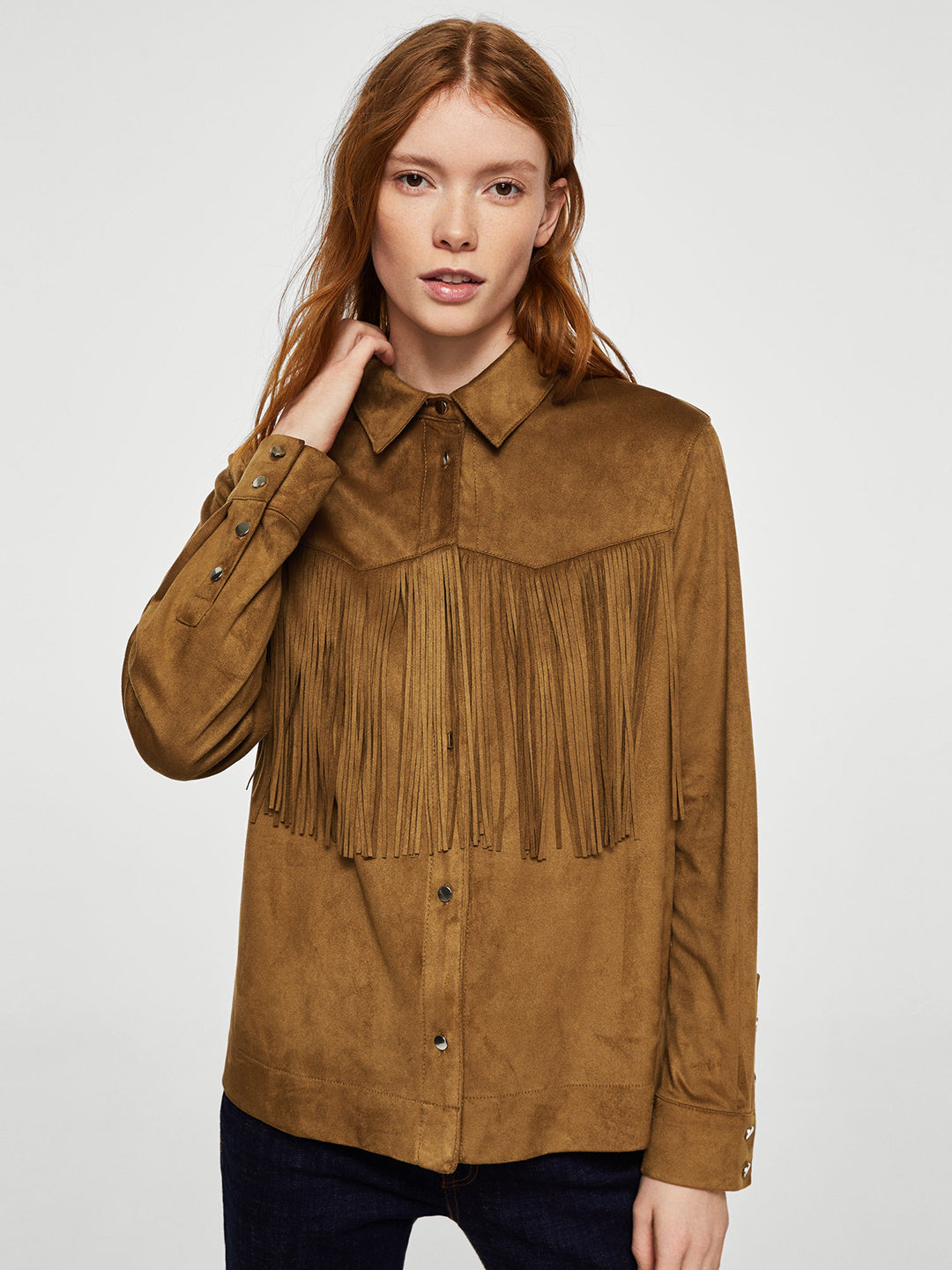 Brown Fringed Solid Casual Shirt