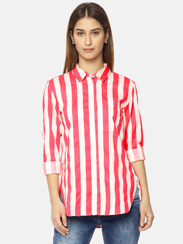 Women Coral Red & White Regular Fit Striped Casual Shirt