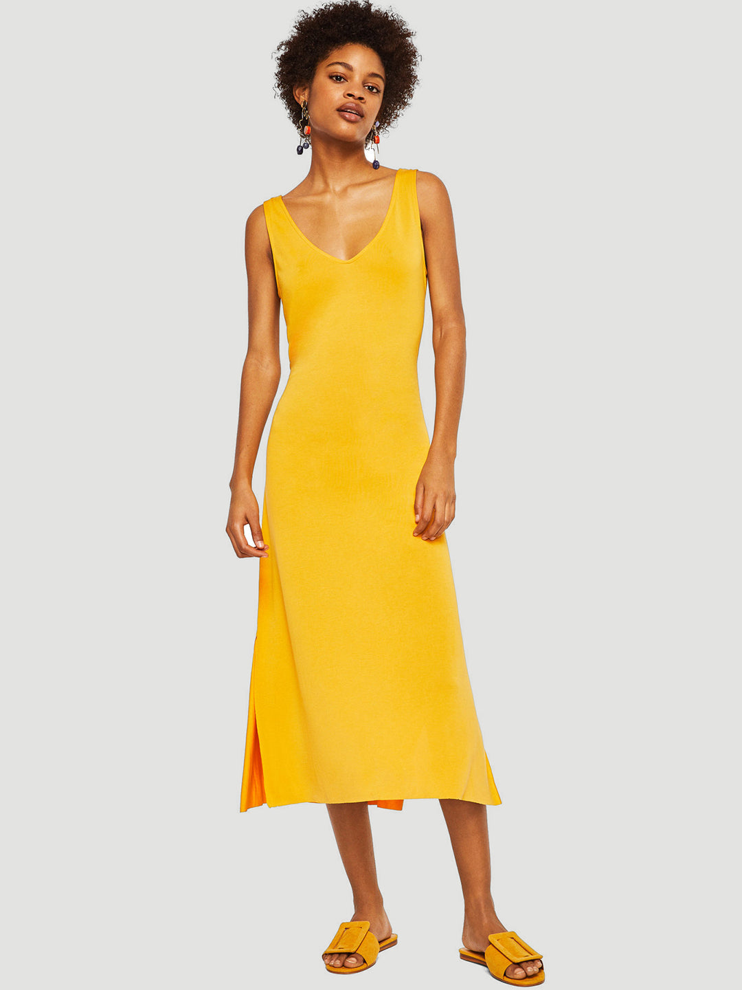 Women Yellow Solid Midi A-Line Dress