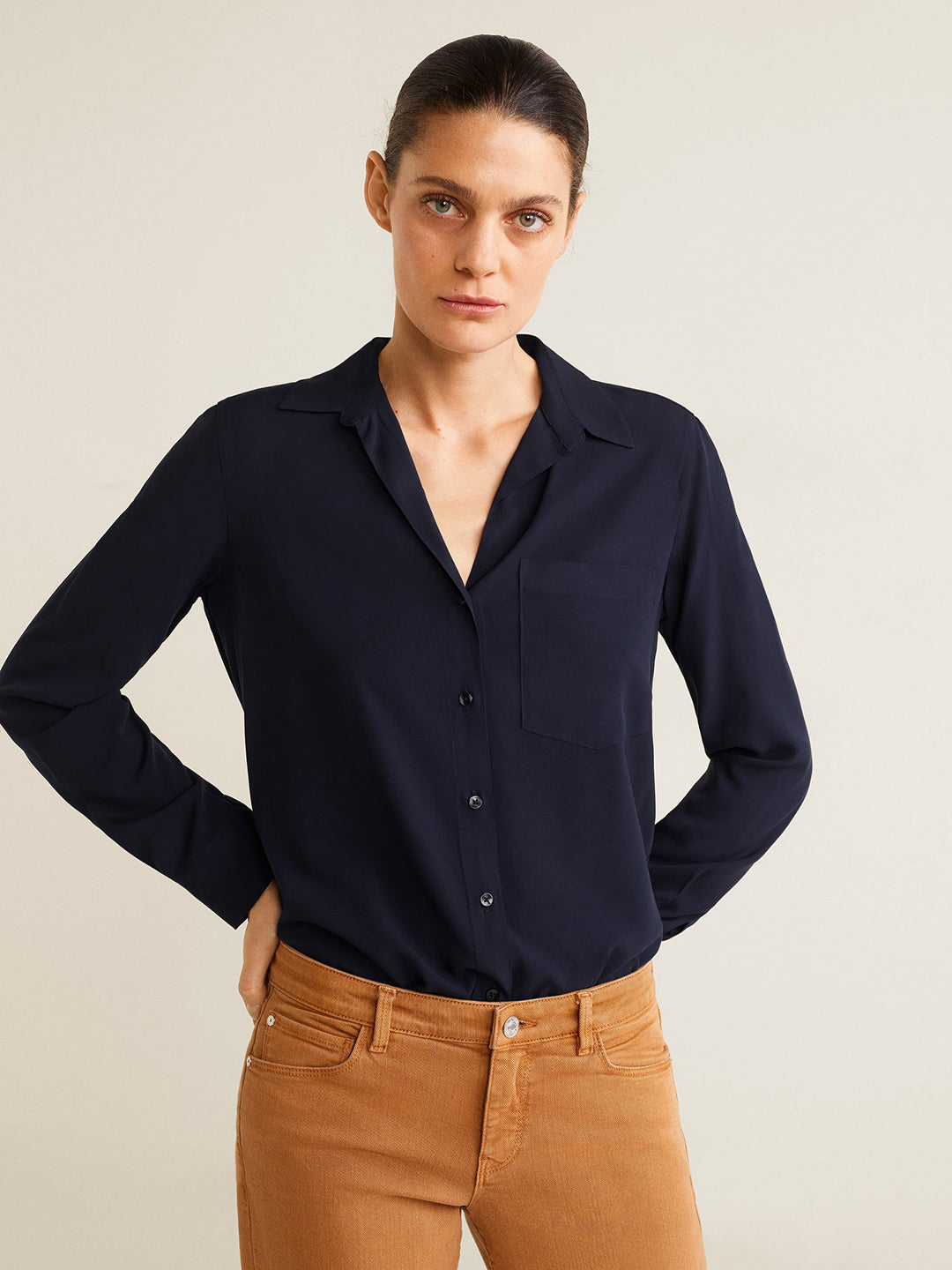 Women Navy Blue Regular Fit Solid Casual Shirt