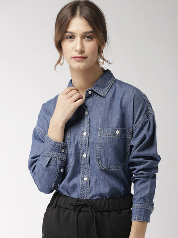 Women Blue Regular Fit Solid Denim Casual Shirt