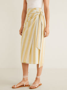 Women Yellow Striped Midi Wrap Skirt