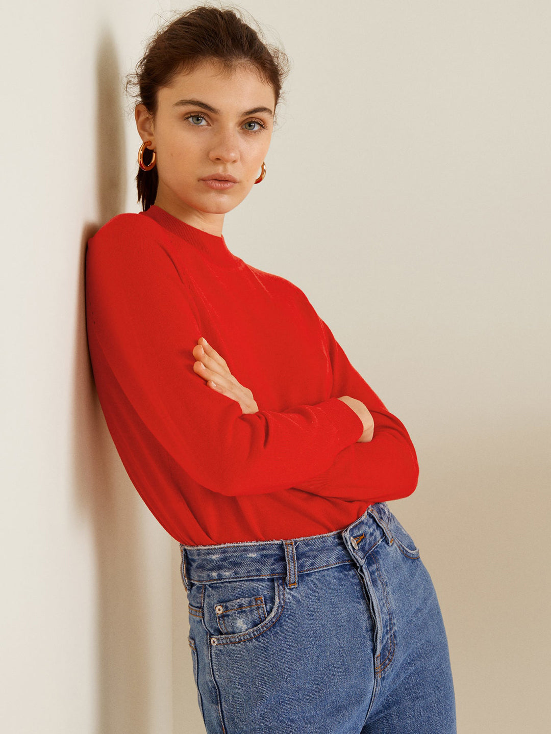 Women Red Solid High Neck Pullover