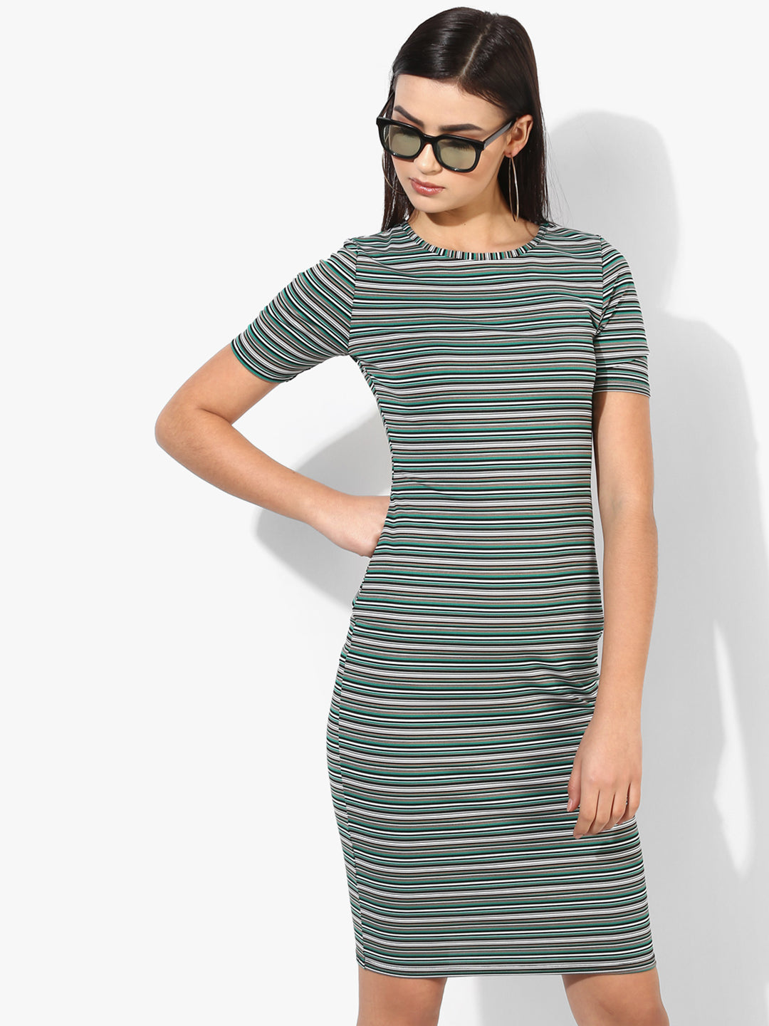 Women Green & White Striped Bodycon Dress