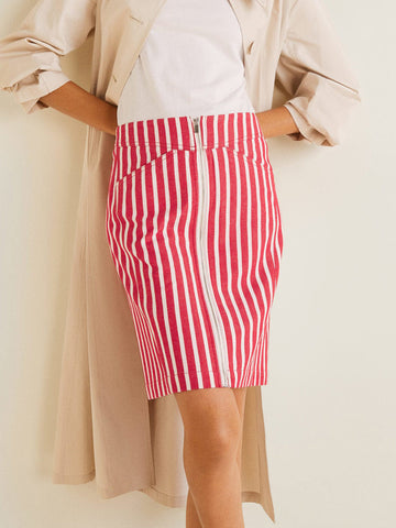 Women Red and White Striped Straight Skirt