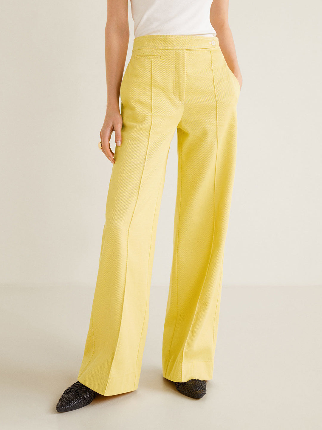 Women Yellow Regular Fit Solid Corduroy Bootcut Trousers