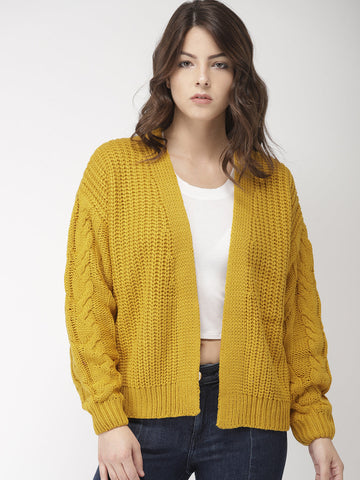 Yellow-Coloured Self-Design Front-Open Sweater