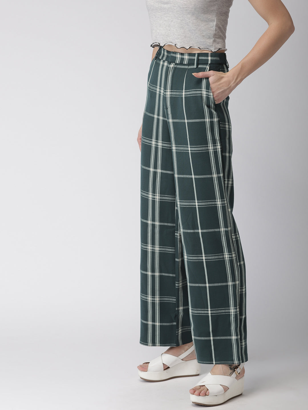 Women Green & Beige Flared Checked Parallel Trousers