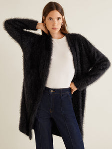 Women Black Fuzzy Longline Front-Open Sweater