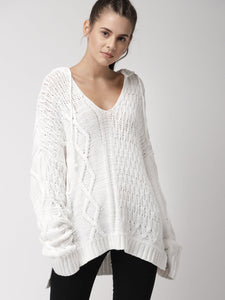 Women White Self Design Pullover - V Neck