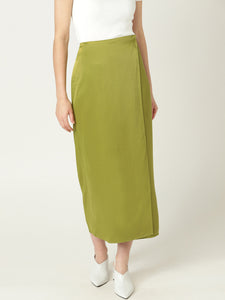 Women Green Solid Midi Wrap Skirt