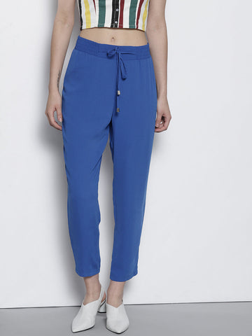 Blue Regular Fit Solid Cropped Trousers
