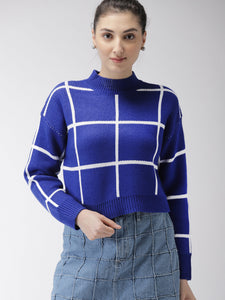 Women Blue & White Checked Pullover Sweater