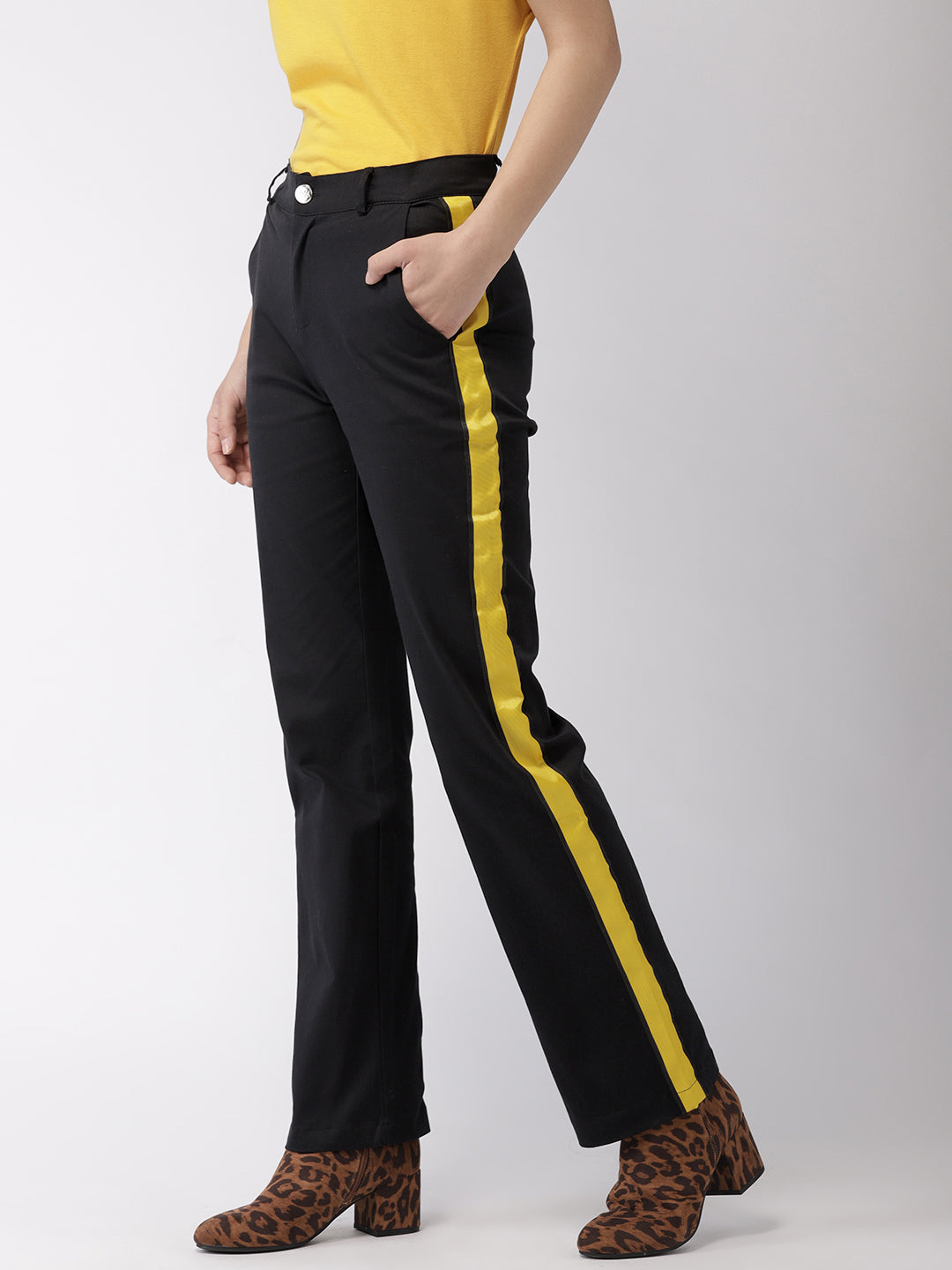 Women Black & Yellow Regular Fit Solid Formal Trousers