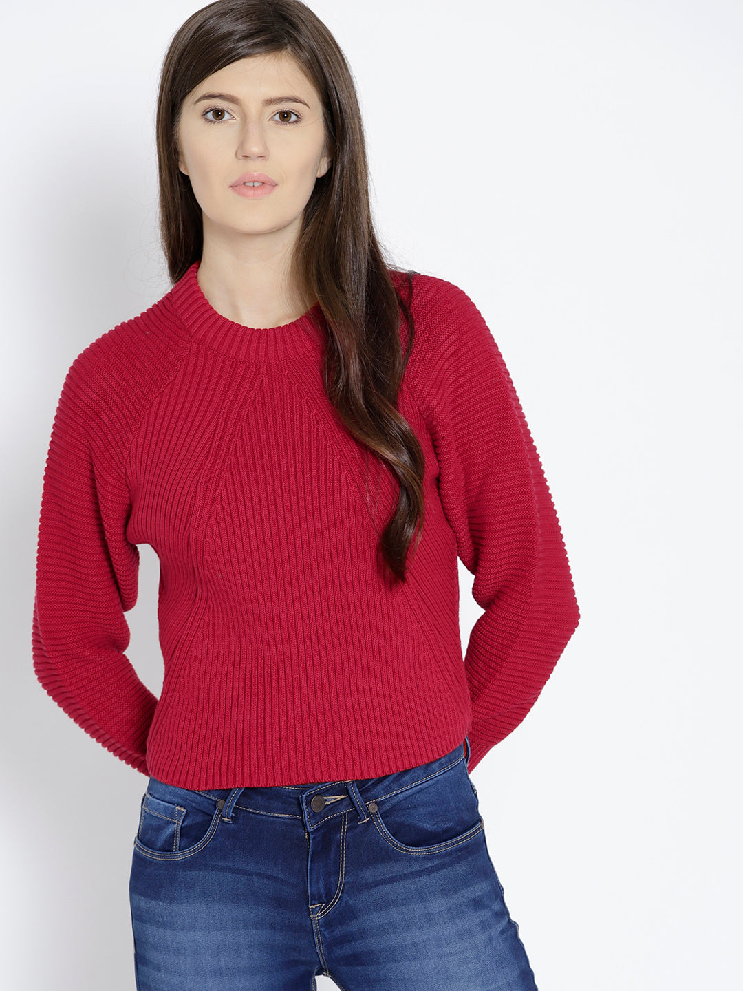 Women Red Solid High Neck Pullover