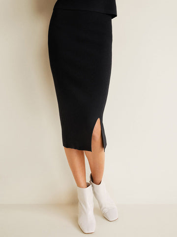 Women Black Self-Striped Midi Straight Skirt
