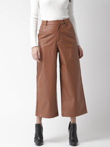 Brown Flared Solid Cropped Culottes