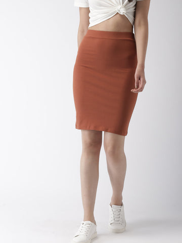 Women Brown Solid Knee-Length Pencil Skirt