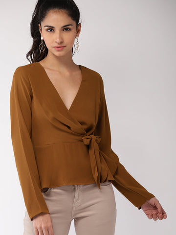 Brown Solid Wrap Top