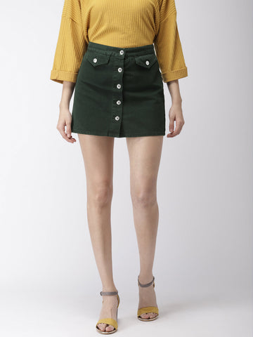 Women Green Solid Mini A-Line Denim Skirt