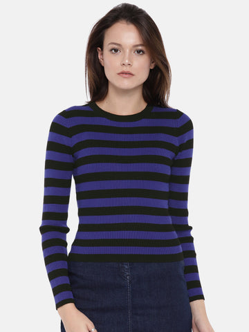 Women Blue & Black Striped Pullover