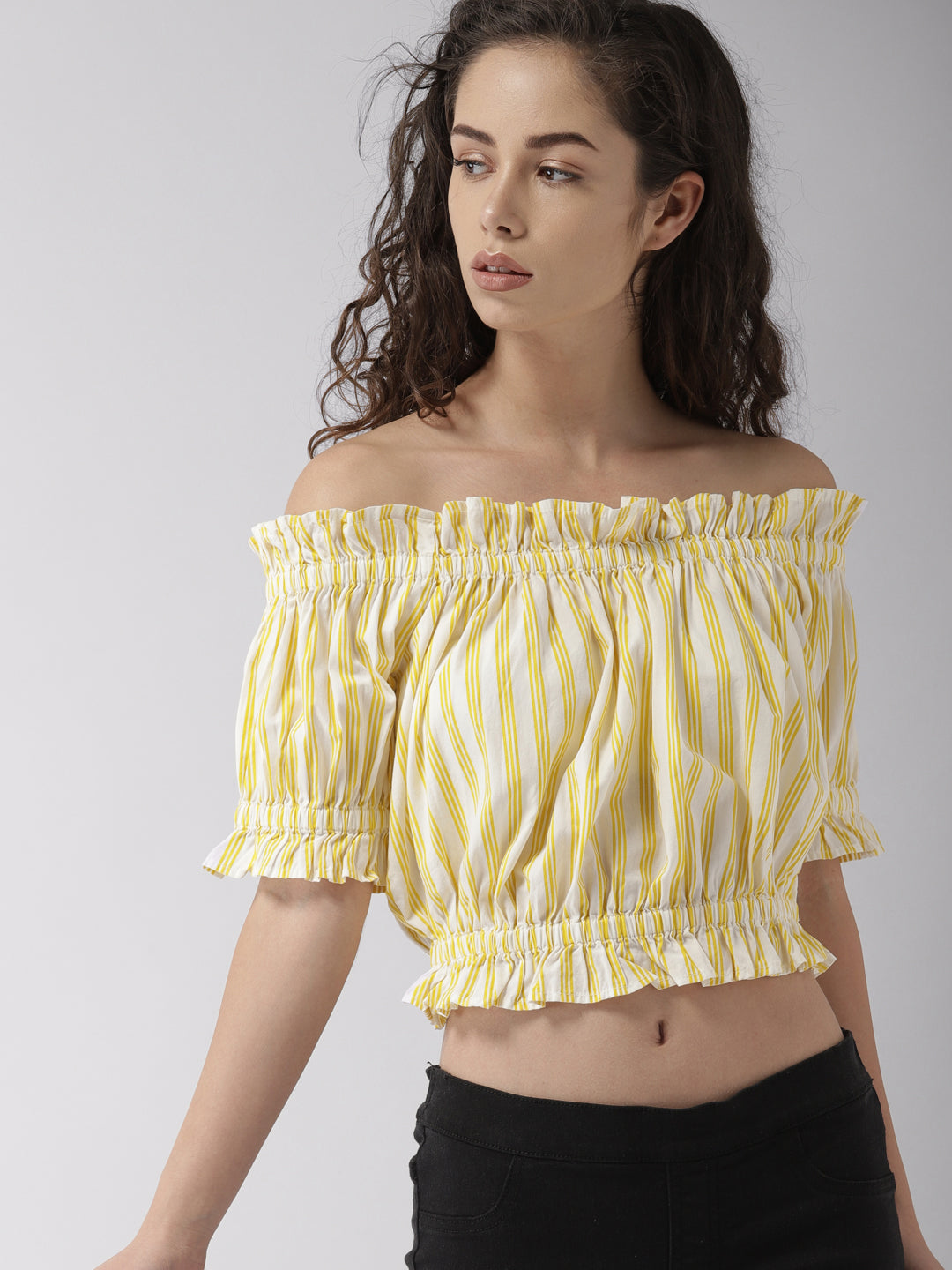 Women Yellow & Off-White Striped Bardot Top