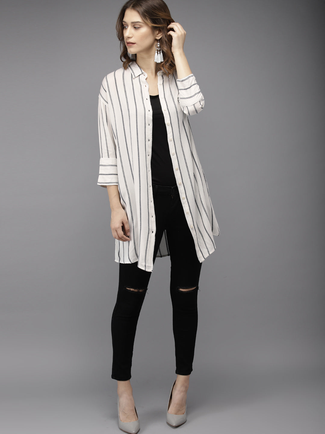 Women White & Black Regular Fit Striped Casual Longline Shirt