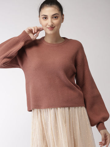 Brown Solid Pullover Sweater