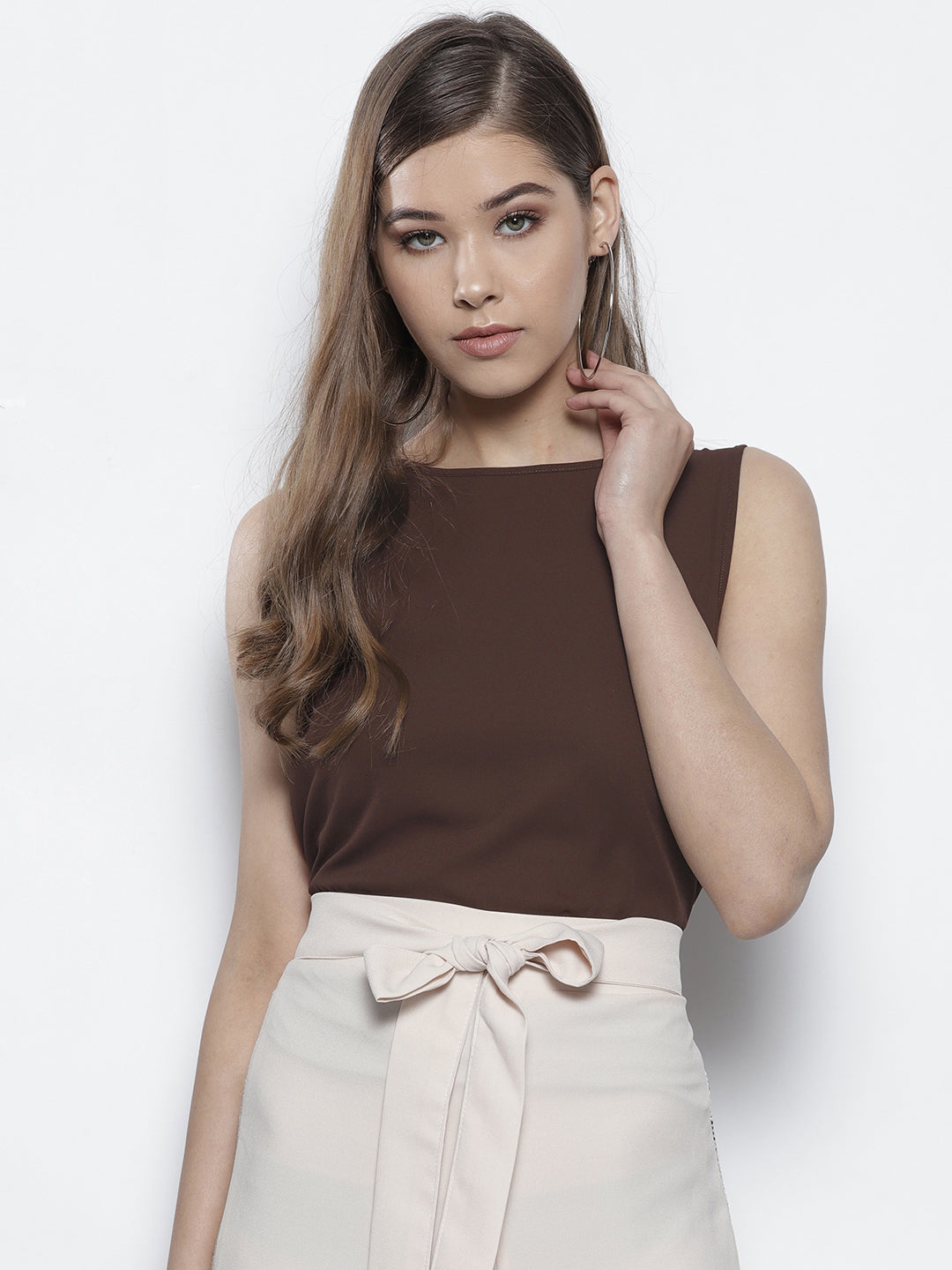 Brown Solid Styled Back Top