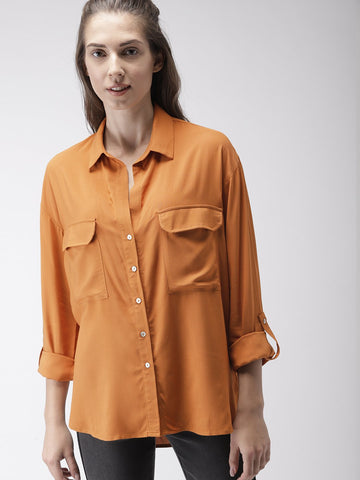 Women Rust Brown Regular Fit Solid Casual Shirt