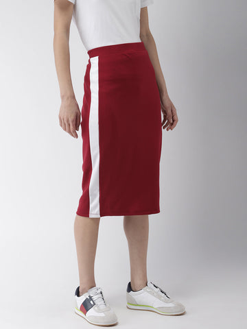 Red Solid Pencil Skirt