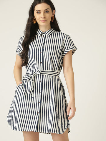 Women White & Navy Blue Striped Mini Shirt Dress